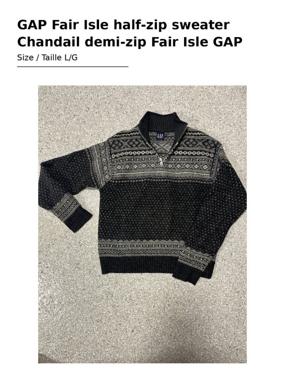 GAP Fair Isle Half-Zip Sweater — Size L